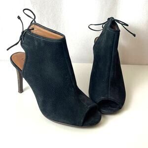 Lucky Brand Sezzah Suede Vintage Off Black Peep Toe Heels Tie Back Size 8